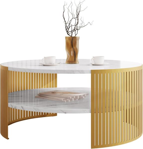 Couchtisch Fahugin Gold, Beine und Seiten aus Stahl (Farbe: Gold / Bianco Marmor)