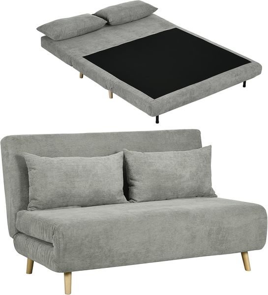 HOMCOM Schlafsofa Doppelschlafsofa mit 3-fach verstellbarer Rückenlehne und 2 Kissen, Polstersofa 1 Teile, für Wohnzimmer, Schlafzimmer, Hellgrau