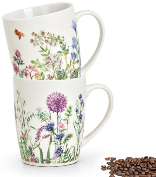 matches21 HOME & HOBBY Tasse Kaffeetassen 2er Set Blumen Bienen Frühling Sommer, 2-tlg, Porzellan, Tee Kaffee-Becher, Vintage, weiss bunt, 300 ml
