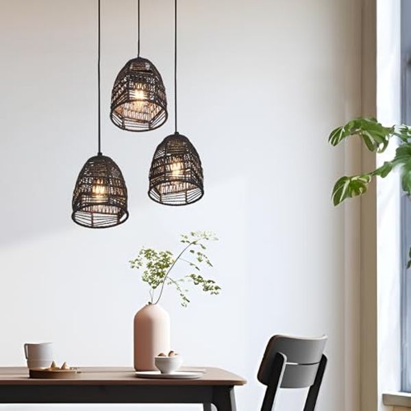 lux. pro 'Andover' Hängeleuchte, Metall+Rattan Schwarz, 15 x 13 x 131 cm