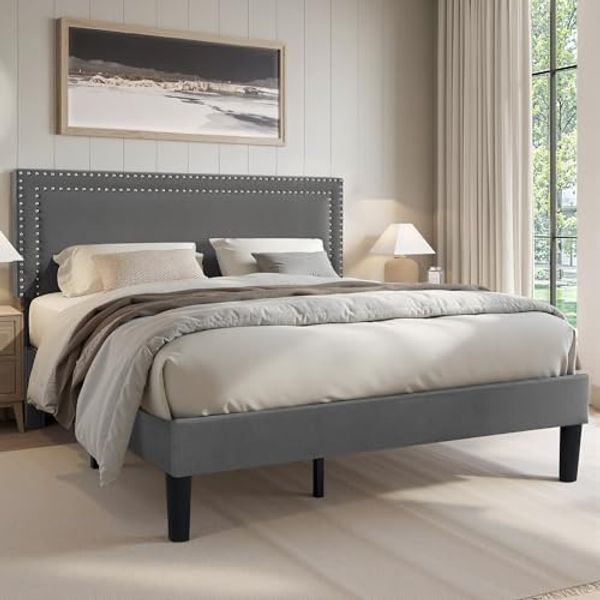VECELO Polsterbett 140x200 cm Doppelbett Bettrahmen mit Höhenverstellbarem Kopfteil, Gepolstertes Bettgestell mit Lattenrost, Samtbezug, für Erwachsene & Jugendliche, Ohne Matratze, Grau