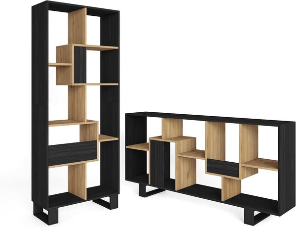 Skraut Home | Bücherregal Bibliothek | Bookshelf, Bookcase | 174 x 67 x 31 cm | Industriedesign | Moderner Stil | Schwarz und Eiche