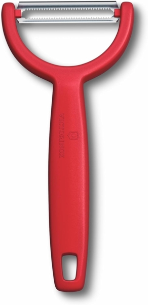 Victorinox Sparschäler "Ypso", Schäler für Gemüse, Obst, Zackenschliff, Zweischneidig, Extra Scharf, Swiss Made, rot