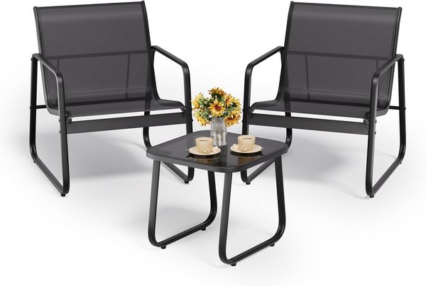 Bealife 3-teiliges Balkon-Set, 3-teiliges Bistro-Set aus Textilene-Stoff, 2 Sessel und 1 Tisch aus gehärtetem Glas, für Garten, Terrasse, Balkon