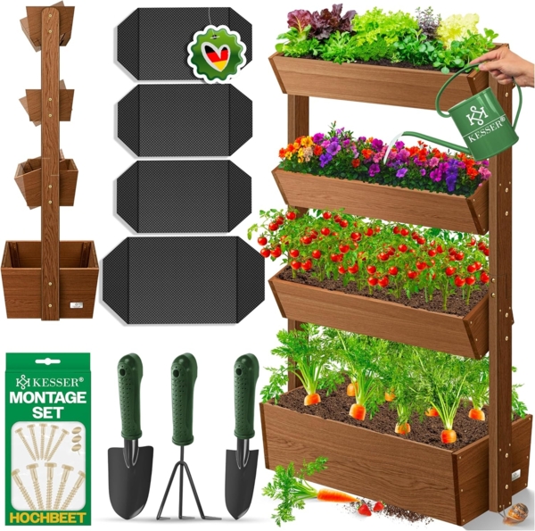 KESSER® Hochbeet mit Etagen Premium Blumenkasten Blumentreppe Pflanztreppe - Gemüsebeet Kräuterbeet Pflanzkübel Frühbeet Blumenbeet Pflanzkasten inkl. Gartenvlies- Beet für Terrasse Balkon & Garten Braun, 4 Etagen