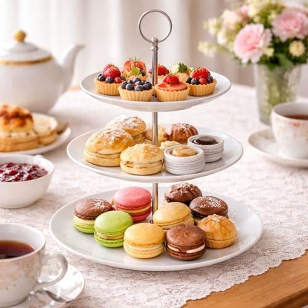 Runde Porzellan-Etagere Servierregal Ständer 3-stöckig weiß Ø25cm