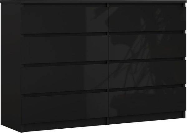Kommode mit 8 Schubladen 138 cm, Farbe: Schwarz Matt/Schwarz Glanz, H: 102 cm, B: 138 cm, T: 39 cm. Schrank für Wohnzimmer, Büro, Schlafzimmer