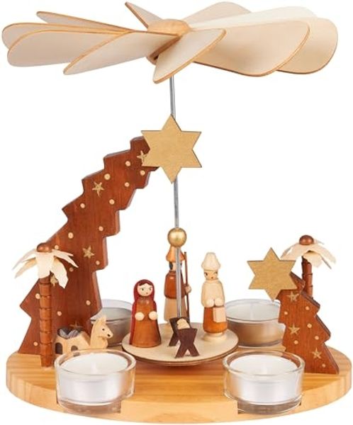BRUBAKER Weihnachtspyramide Teelichtpyramide aus Holz - Stern von Betlehem, Jesus, Maria und Josef, 22 cm drehbare Tischpyramide für 4 Pyramiden-Teelichter - Weihnachten