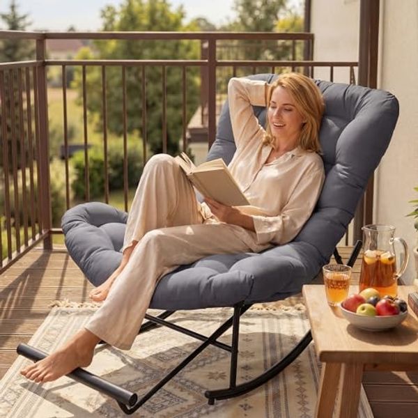 VASAGLE Schaukelstuhl, Schaukelsessel, Relaxsessel, Stahlgestell, ausziehbare Fußstütze, abnehmbares Kissen, bis 136 kg belastbar, Schlaf-, Wohnzimmer, Terrasse, Garten, grau LYY062GZ01