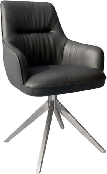 Esszimmerstuhl Zelia-Flex mit Armlehnen Echt-Leder Schwarz Kreuzgestell breit Edelstahl Taschenfederkern