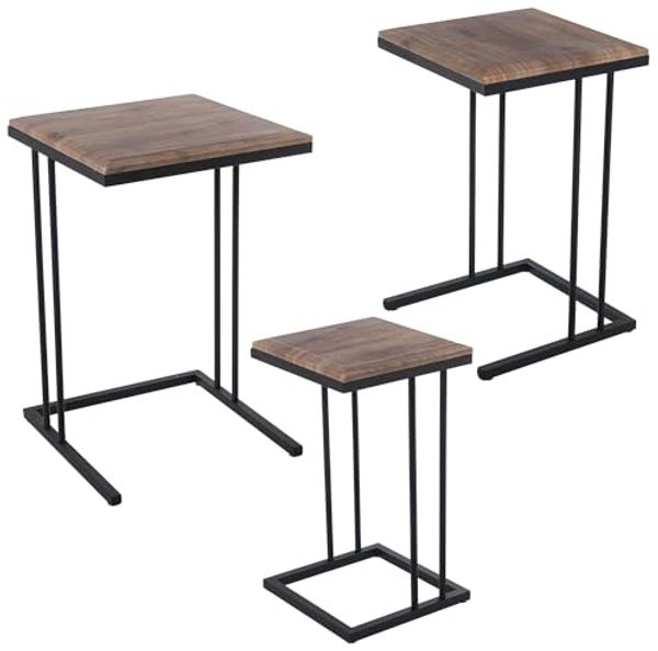 DRW Set mit 3 Beistelltischen aus Metall und Holz in Schwarz und Eiche, 40 x 40 x 60, 35 x 35 x 55 und 29 x 29 x 50 cm, 40 x 40 x 60, 35 x 35 x 55 y 29 x 29 x 50 cm