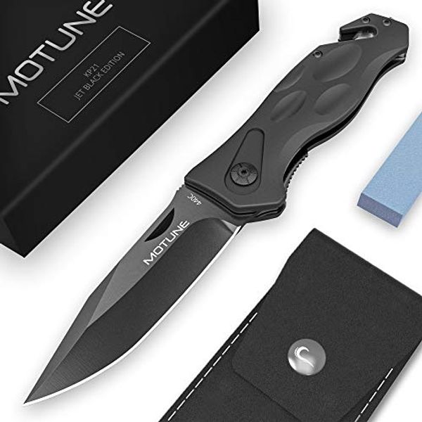 MOTUNE® Zweihand Klappmesser 3-in-1 KP21 - Taschenmesser mit Aluminiumgriff - Zweihandmesser mit hochwertiger Edelstahlklinge 440C - mit Schleifstein & Gürteltasche
