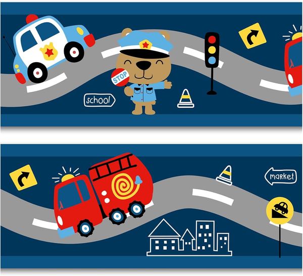Bordüre 15x200 cm für Kinderzimmer Babyzimmer Dekor Aufkleber Wandbordüre selbstklebend Wandtattoo für Kinder Mädchen Junge Y033-16 (Feuerwehr/Polizei)