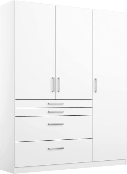 Rauch Möbel Harburg Schrank Kleiderschrank Drehtürenschrank Weiß 3-türig mit 4 Schubladen inklusive Zubehörpaket Basic 3 Einlegeböden, 1 Kleiderstange BxHxT 136 x 197 x 54 cm