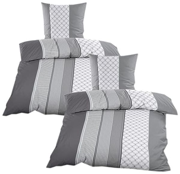 Casa Colori Bettwäsche Renforce 4 tlg. 135 x 200 cm aus 100% Baumwolle mit RV, Renforce, 4 teilig, Grau Anthrazit gestreift