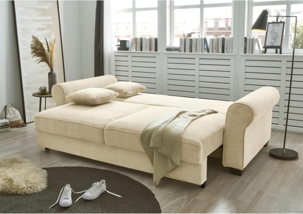 ANGELINA Bequemes Schlafsofa in Cord-Optik mit Bettkasten, Cream - Ausziehbares Sofa mit Schlaffunktion - 250 x 95 x 125 cm (B/H/T) Bild 4