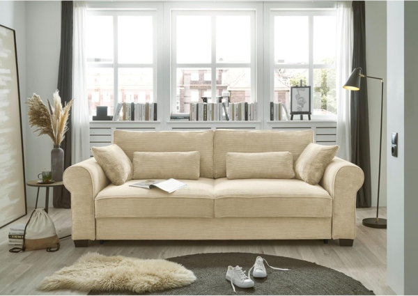 ANGELINA Bequemes Schlafsofa in Cord-Optik mit Bettkasten, Cream - Ausziehbares Sofa mit Schlaffunktion - 250 x 95 x 125 cm (B/H/T) Bild 2