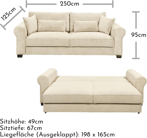 ANGELINA Bequemes Schlafsofa in Cord-Optik mit Bettkasten, Cream - Ausziehbares Sofa mit Schlaffunktion - 250 x 95 x 125 cm (B/H/T) Bild 3