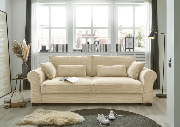 ANGELINA Bequemes Schlafsofa in Cord-Optik mit Bettkasten, Cream - Ausziehbares Sofa mit Schlaffunktion - 250 x 95 x 125 cm (B/H/T)