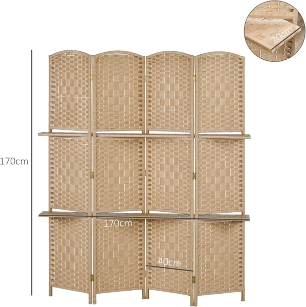 HOMCOM Paravent Raumteiler 4 Paneele 160x170 cm mit 2 Regalen, faltbar, aus Holz für Büro, Wohnzimmer, Schlafzimmer, Naturholz Bild 7