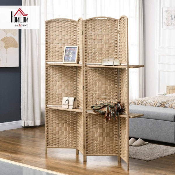 HOMCOM Paravent Raumteiler 4 Paneele 160x170 cm mit 2 Regalen, faltbar, aus Holz für Büro, Wohnzimmer, Schlafzimmer, Naturholz Bild 2