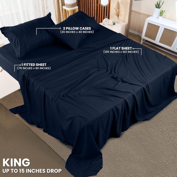 Utopia Bedding Bettwäsche-Set für King-Size-Bett, 4-teilig, gebürstete Mikrofaser, schrumpft und lichtbeständig, pflegeleicht (King-Size-Bett, Marineblau) Bild 2