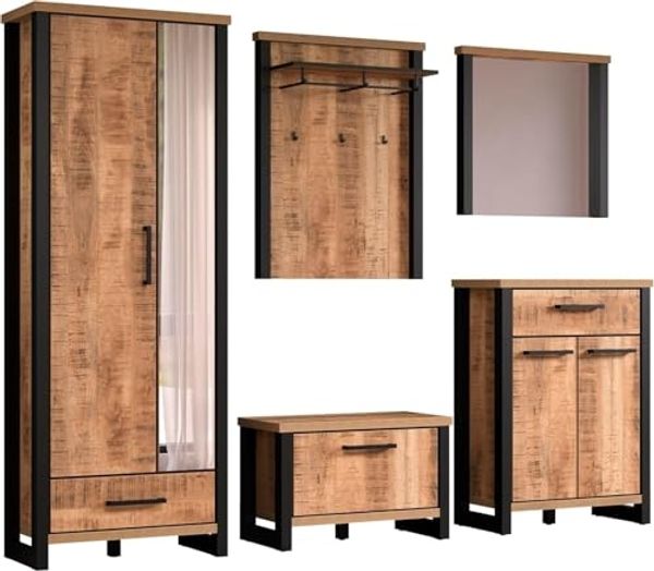 Home affaire Garderoben-Set Elda, (Komplett-Set, 5-St), Garderoben-Set: Schrank, Sitzbank, Paneel, Wandspiegel & Kommode