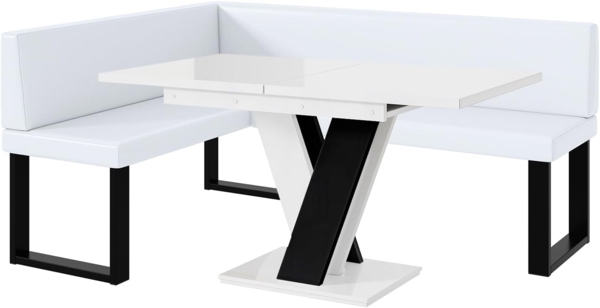 MEBLINI Eckbank für Esszimmer mit ausziehbarem Tisch - Küchenbank - Essecke - Sitzecke Küche - TONI - U-Beine 128x168x87cm Links - Weiß Kunstleder/M Weiß-Schwarz Hochgl.