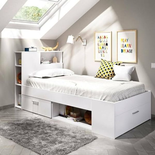 Vente-unique - Bett mit Kopfteil, Stauraum & Schublade - 90 x 190 cm - Weiß - LEANDRE