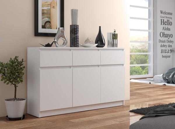 AKORD Kommode K 140 cm 3 | Schubladen und 3 Türen | für Wohnzimmer Schlafzimmer Schrank Arbeitszimmer | Modernes Funktionales Design | Schichtstoffplatte 16mm Farbe Weiß Bild 2