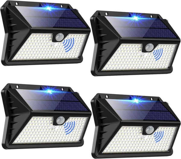 OUILA Solarlampen für Außen mit Bewegungsmelder, 【4 Stück】 185 LED 3 Modi Solarleuchten für Außen IP65 Wasserdichte, LED Außenwandleuchten für Wandleuchte, Garten, Hof, Garage, Haustüren (Kaltes Weiß)