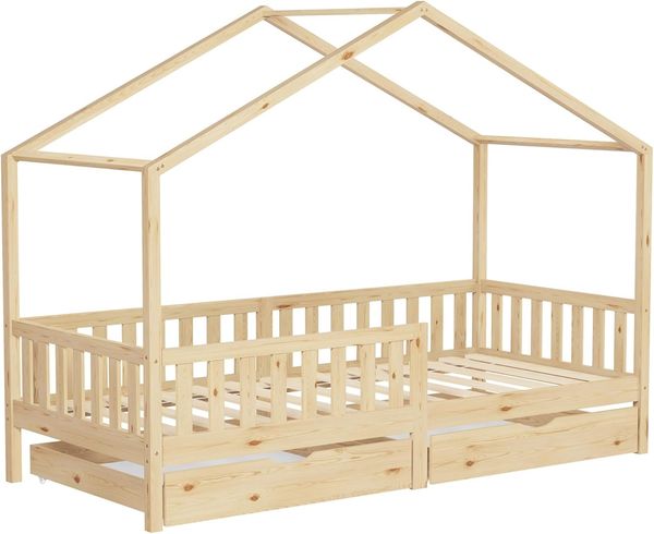 ML-DESIGN Spielbett Hausbett Kinderbett inkl. 2 Schubladen, Lattenrost und Rausfallschutz, Abenteuerbett 90x200cm Haus Bett Himmelbett Kiefer Jugendbett Natur