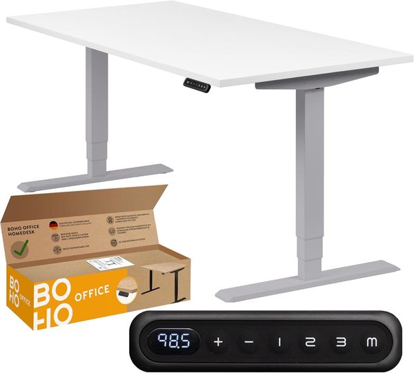 boho office® homedesk - elektrisch stufenlos höhenverstellbares Tischgestell in Silber mit Memoryfunktion, inkl. Tischplatte in 120x80 cm in Weiß