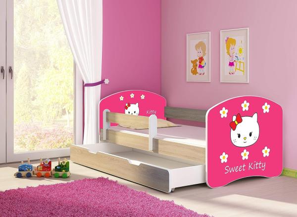 Kinderbett Jugendbett mit einer Schublade und Matratze Sonoma mit Rausfallschutz Lattenrost ACMA II 140x70 160x80 180x80 (16 Sweet Kitty 2, 160x80 + Bettkasten) Bild 2