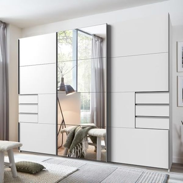 Lomadox Schwebetürenschrank STRATFORD-43 Kleiderschrank, mit Schubladen, weiß mit Spiegelfront, 270cm