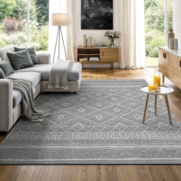 the carpet Calgary - robuster Teppich, Flachgewebe, modernes Design, ideal für Küche und Esszimmer, Vintage-Optik, Boho-Style, besonders flach, auch für den Außenbereich, Grau-Raute, 140x200 cm