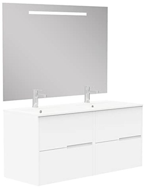 Baikal Gavin Badezimmermöbel mit Waschbecken und Spiegel mit LED-Beleuchtung, Vier Schubladen, Nebraska-Optik, Melamin 16, einfach zu montieren, 16 mm, weiß, 120 X 46 X 56