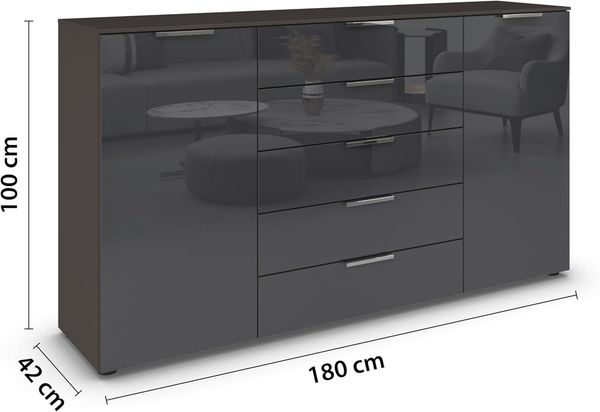 Rauch Möbel Flipp, Kommode für Schlafzimmer, Kinderzimmer, Wohnzimmer, Jugendzimmer, Flur, Garderobe, 2-türig, 5 Schubladen, mit Softclose-Funktion, Farbe Glas Basalt, Schwarz, Breite 180 cm Bild 3