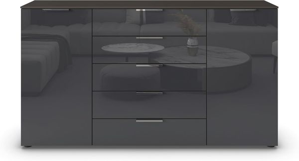 Rauch Möbel Flipp, Kommode für Schlafzimmer, Kinderzimmer, Wohnzimmer, Jugendzimmer, Flur, Garderobe, 2-türig, 5 Schubladen, mit Softclose-Funktion, Farbe Glas Basalt, Schwarz, Breite 180 cm Bild 5