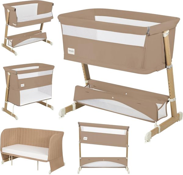 Lionelo THOMI Plus 5 w 1 Beistellbett, Kinderbett bis 9kg, Zustellbett, Reisebett, Laufstall bis 15kg, Sofa bis 100kg, höhenverstellbar, mit 2 Rollen und absenkbarer Seite Zustellbett