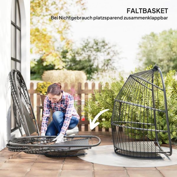 Outsunny Schaukelstuhl mit Kissen, Polyrattan, faltbar,belastbar bis 150kg (Hängesessel, 1 St), für Wohnzimmer, Balkon, Terrasse, Dunkelgrau Bild 5
