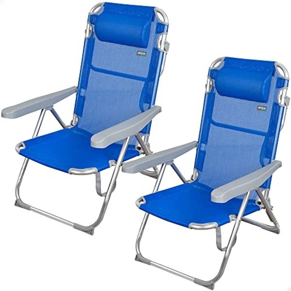 AKTIVE Sparpack 2 Stühle Strand Gummi Multiposition Kippschutz mit Kissen 48 x 60 x 90 cm, Aluminium, Kunststoff, Textilene, Blau x2, 48 x 60 x 90 cm