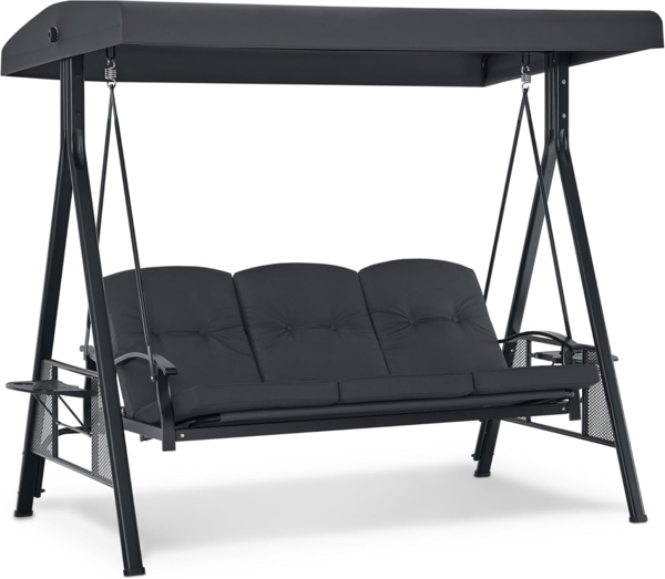 M MCombo 3-Sitzer Hollywoodschaukel mit Liegefunktion, Verstellbarem Sonnendach & Getränkehalter, Gartenschaukel bis 360kg Belastbar Schaukelbank Outdoor Wetterfest, 4093 (dunkgelgrau)