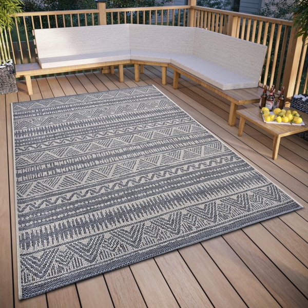 Hanse Home Loto Outdoor Teppich Wetterfest – Modernes Boho Ethno Muster Wasserfest, robuster Aussenteppich Flachgewebe für Garten, Balkon, Terrasse, Wohnzimmer – Beige, 76x150 cm