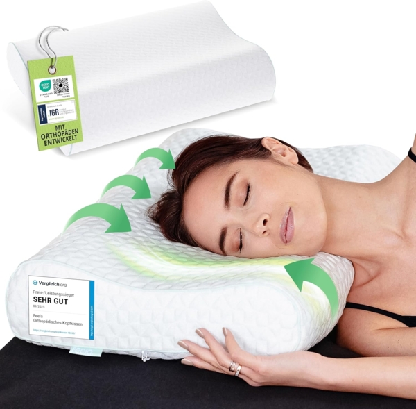 feela Nackenstützkissen Orthopädisches Kopfkissen – entlastet Nacken & stützt die Wirbelsäule, Für Rücken- & Seitenschläfer – sorgt für gesunden & erholsamen Schlaf