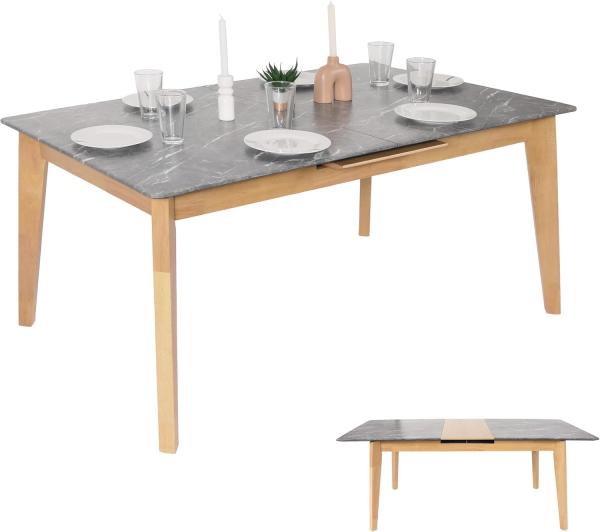 Esszimmertisch HWC-M57, Esstisch, Massiv-Holz Laminat Melamin 160-200x90cm, ausziehbar Marmor/Stein-Optik, helle Beine