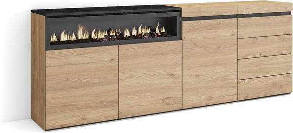 Skraut Home | Sideboard, Kommode | Aufbewahrungsschrank | 207 x 75 x 35 cm | Für Schlafzimmer, Zimmer | Elektrokamin. | Kommode mit Schubladen | Moderner Stil | Eiche
