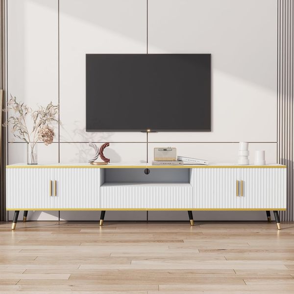 Ball & Cast TV Schrank (200×40×46cm) mit 2 Türen und 1 Schublade, Marmoroptik, Moderner Niedriger Fernseher Tisch, Bequeme Montage, Weiß