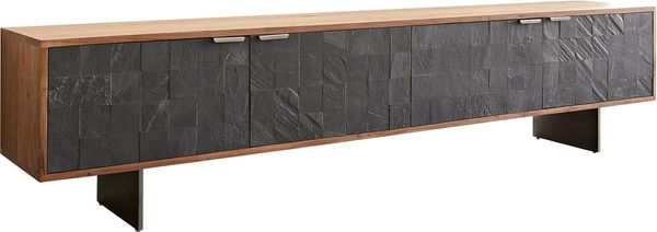Lowboard Teele 200 cm Akazie Natur Schiefer 4 Türen Fuß schwebend Edelstahl