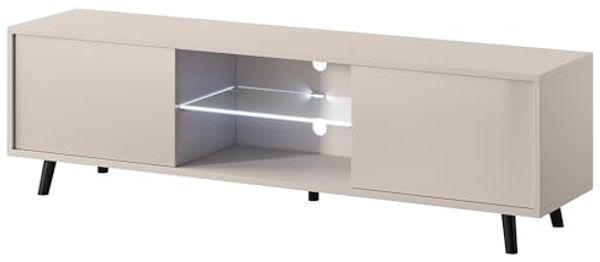 Selsey TV Schrank Board Sideboard Fernsehtisch Fernsehschrank 140 cm LED Beleuchtung Graubeige Lefyr, Grau
